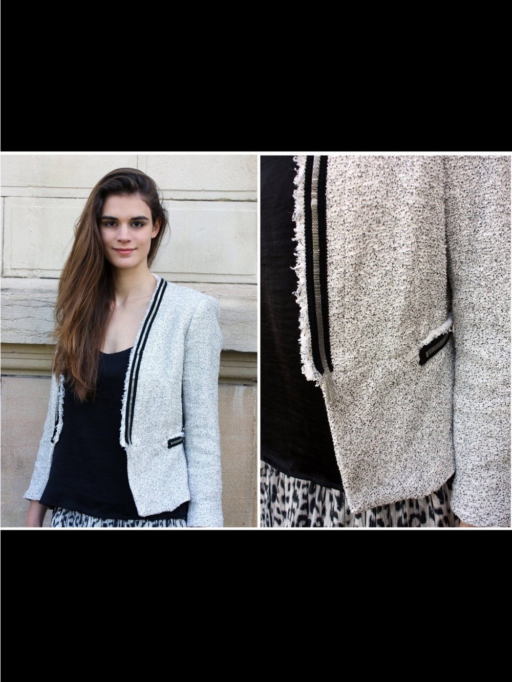 Zara Boucle Tweed Cropped Peplum Frayed Open Front Blazer, size XS